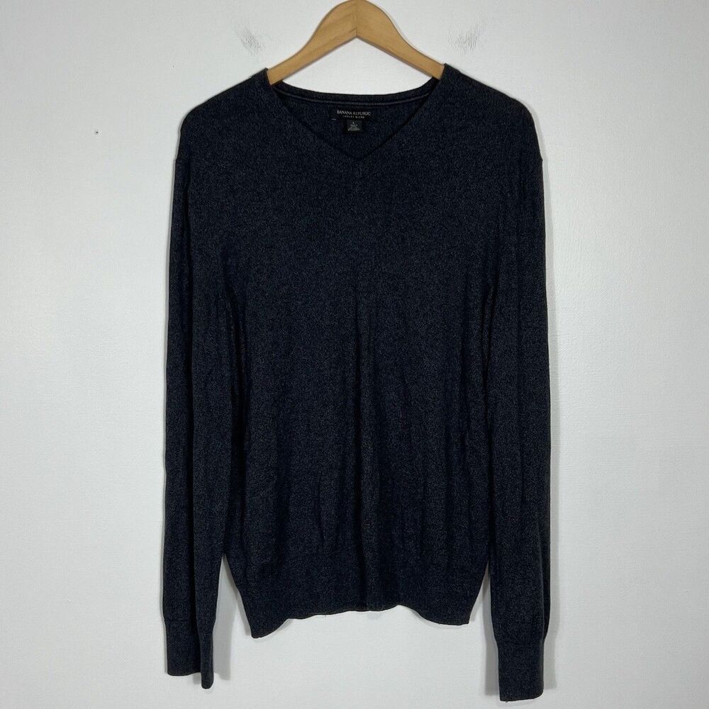 Banana Republic Sweater Mens Large Silk Cotton Cashmere Charcoal Gray V Neck Lux
